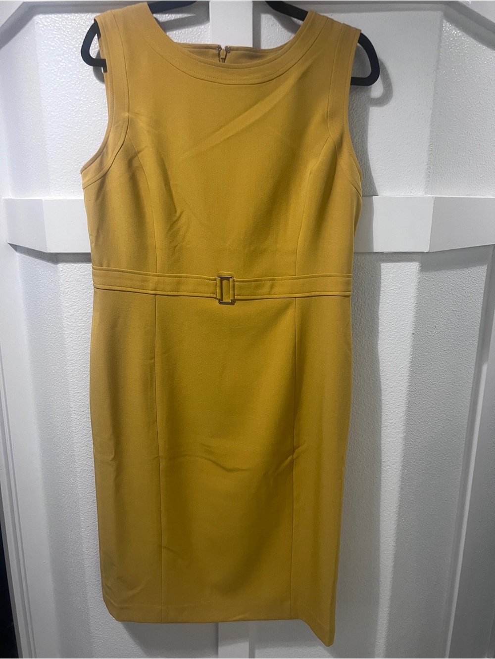 Evan Picone Mustard Yellow Sleeveless Sheath Dress with Waist Belt